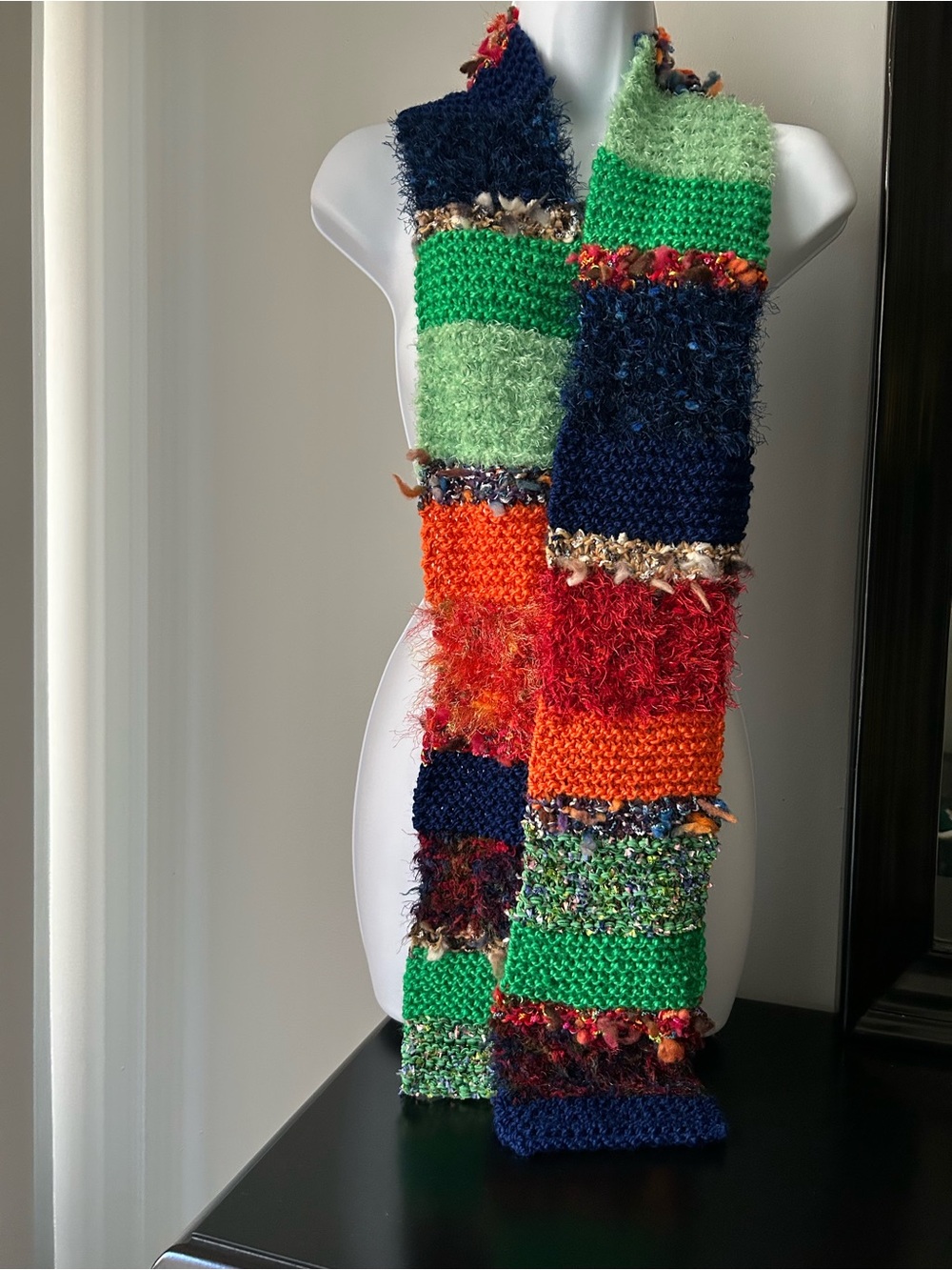 Colorblock Knit Kids Scarf - Green, Navy, Orange & Red